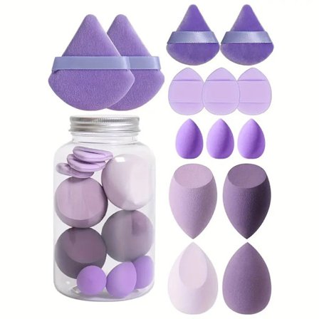 This 14-Piece Multifunctional Makeup Sponge Set Includes 4 Loose Powder Puffs, 3 Mini Cushion Puffs, 4 Makeup Sponges, and 3 Mini Makeup Sponges.