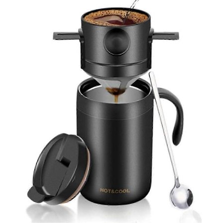 Bærbar kaffemaskine til camping med kaffekrus i rustfrit stål + kaffefilter, til rejser, camping, kontor, vandreture js