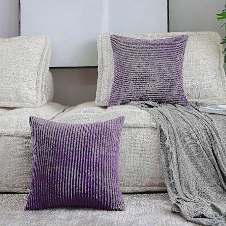 Sæt med 2 dekorative pudebetræk, ensfarvet stribet fløjlsblødt plys pudebetræk til sofa, seng, lilla, 50x50 cm