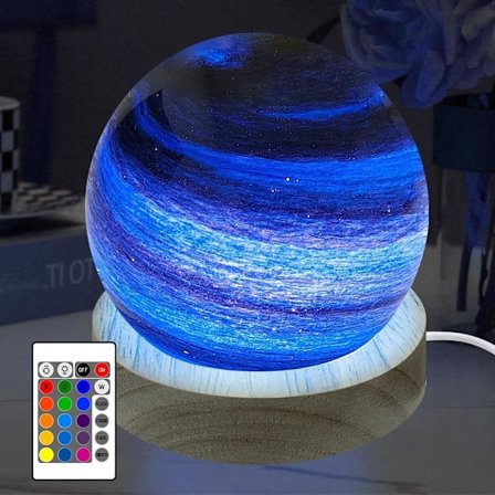3D Planet Glaskula Nattlampa, Fjärrkontroll, 16 RGB-färger, Dimbar, Träbas (8cm)