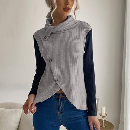 Dam Turtleneck Button Tunika Blus Color Block Stickad T-shirt
