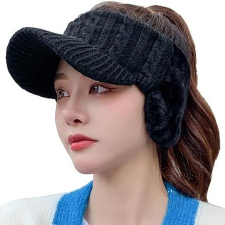 (Sort) Dame Stretch Strikket Solhat Chic Sports Kasket Baseballkasket med Varme Plys Ørevarmer Velegnet