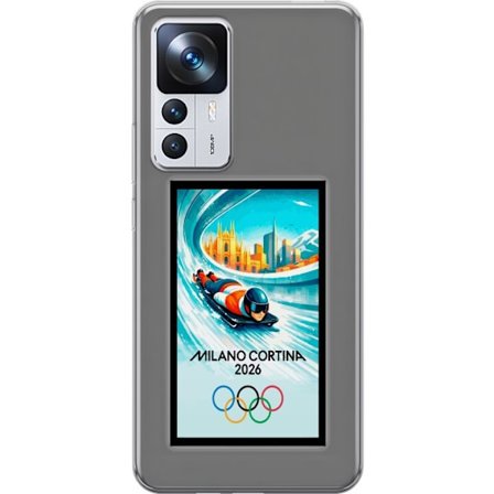 Yhteensopiva Puhelinkuori Xiaomi 12T Dynaaminen kelkkailija tai skeleton-ajaja jääkanavalla Milanon Cortina 2026 kanssa, kaupunkinäkymä ja olympialais