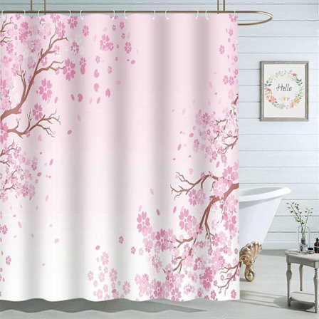 Pink Kirsebærblomster Badeværelsesgardiner Boligdekoration Vandtæt Stof Bruseforhæng med Kroge 183x183 cm