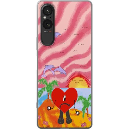 Yhteensopiva Puhelinkuori Sony Xperia 5 V Bad Bunny värikkäässä tikatussa takissa sydänkuvioilla ja aurinkolaseilla modernissa katutyylissä