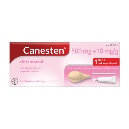 Canesten 500 mg vaginalkapsel + 10 mg/g krem, 20 g + 1 stk.