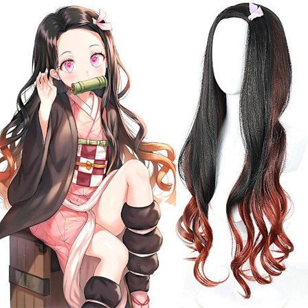 Anime Nezuko Kamado Cosplay Props Parykk Demon Slayer:kimetsu No Yaiba Kostyme Kvinner Lang Svart Gradient Mørk Oransje Krøllete Hår Parykk