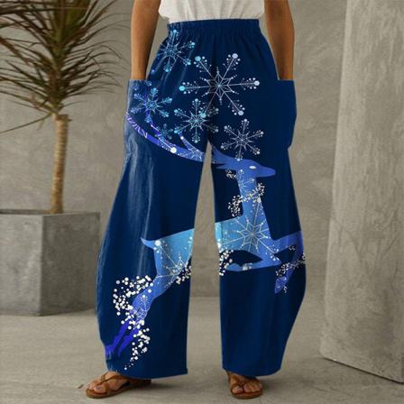 Kvinnor Snowflake Print Byxor Med Hög Midja Med Fickor Bottom