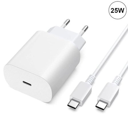 USB-C oplader 25W + USB-C til USB-C kabel 1M hvid til Samsung Galaxy A36 A56 A32 4G-5G A31 A30