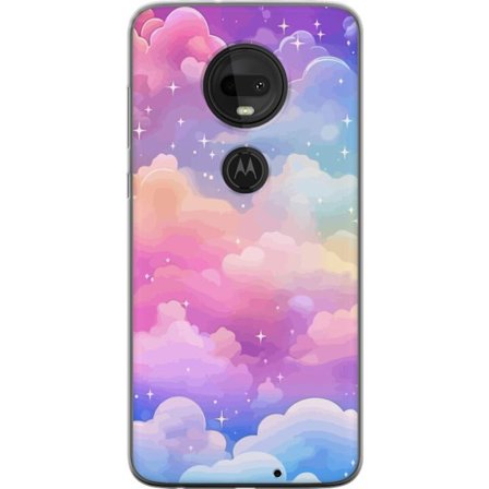 Kompatibelt Mobildeksel til Motorola Moto G7 Søt enhjørning med regnbuefarget hår mot en stjernebelagt pastellbakgrunn i kawaii-stil