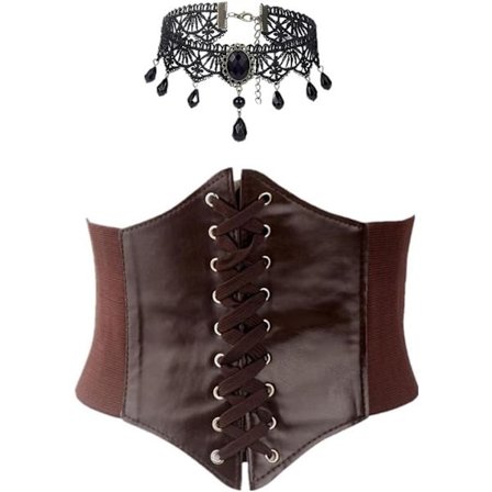Dame Korset med Gotiske Smykker - Middelalderlig Piratkostume - Brun med Blondechoker - One Size