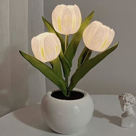 Tulipan nattlampe med keramisk vase simulering LED bordlamper med batteri, bordlampe dekorasjoner for hjemmet stue (hvit)