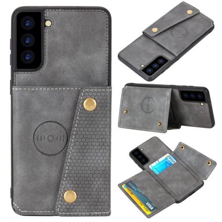 Samsung Galaxy S21 - Läder Skal Med Kortfack Och Magnet - Grå Grey Grå