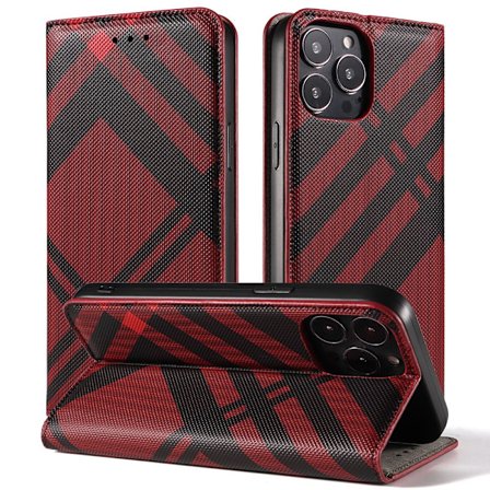 Kotelo iPhone 13:lle, punainen nahka, ruudullinen läppä