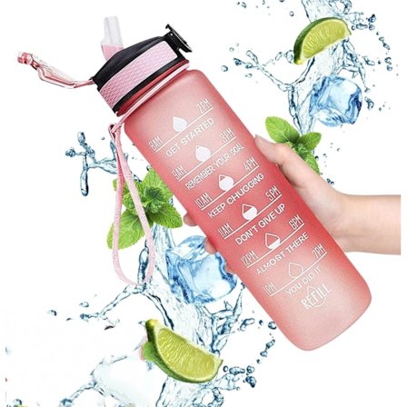 1L Motiverende Vandflaske med Tidsmarkering & Sugerør - 887 ml Lækagesikker Sportsflaske til Fitnesscenter, Vandring, Cykling, Kontor & Skole