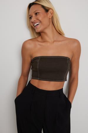 NA-KD Trend Croppad topp med kontrastsöm - Denim - Brun - EU 32