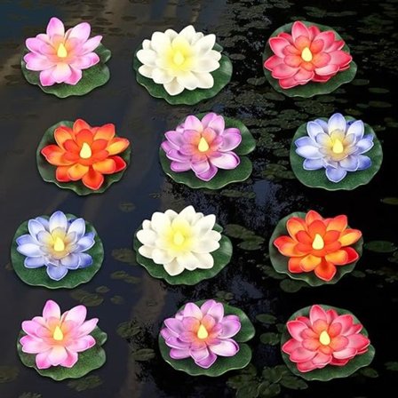 Flytende bassenglys, (5,9''/12 stk) Flytende kunstige vannliljer med gult lys Svømmebassenglampe Batteridrevet Svømmebasseng LED Lotusblomsterlys for 