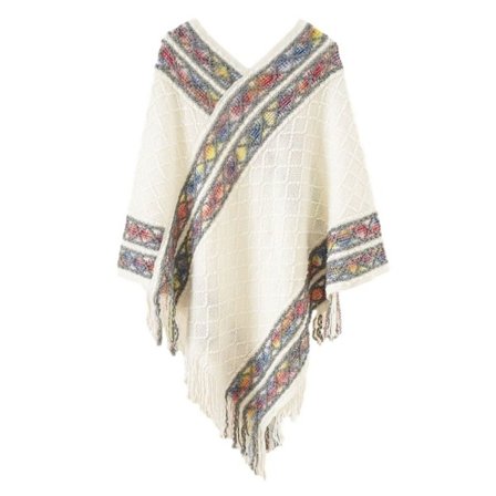 Mongolsk Poncho Rhombic Stripe Tassel Sjal HVID