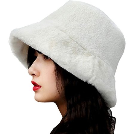 Stilfuld damehat i blød imiteret pels, tyk og fluffy med bred skygge, dejlig varm vinterhat til piger, hvid