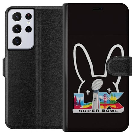 Kompatibel Tegnebogsetui til Samsung Galaxy S21 Ultra 5G Bad Bunny portræt med åben skjorte, tatoveringer og krøllet hår i stilfuld modefotografer