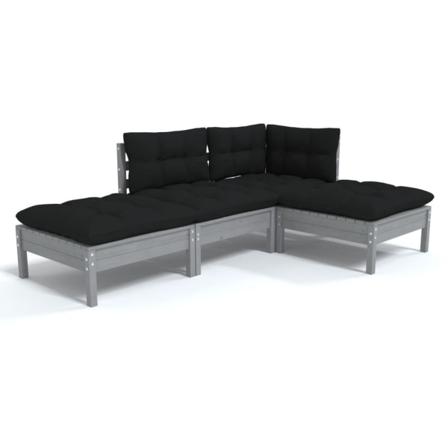 Vidaxl Loungegrupp Med Dynor 4 Delar Grå Massiv Furu Grå