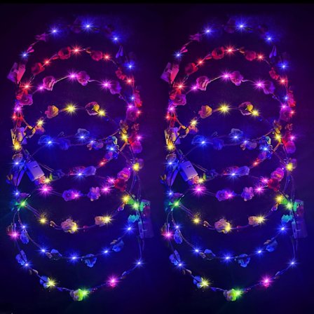 Set med 6 LED-pannband med kattöron, upplyst pannband med blomsterkrans, älvljus, hårkrans