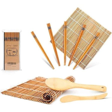 Sushi-sæt, inklusive 2 sushi-rulle måtter, 5 par spisepinde, 1 spatel, 1 spreder, sushi-sæt til begyndere