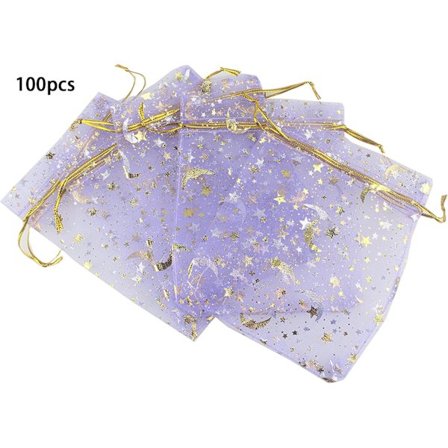 100 stk Stjerne Måne Organza Smykke Gaveposer Godteriposer Snøring Bryllup Gunstposer (Lilla)