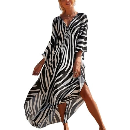 Kvinde løs farverig strandkjole badekåbe kjole kortærmet badedragt cover up