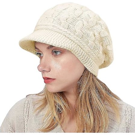 Sztxj Hue til Kvinder - Strikket Vinterhue Fleeceforet Dame Beret Hue Varm Strikket Uldhue Peaked Baker Boy Hue Med Skygge (beige)