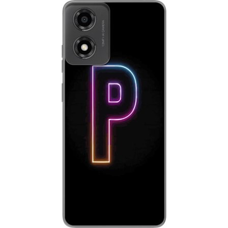 Kompatibelt Mobildeksel til Motorola Moto E14 Minimalistisk neonbokstav P i fargegradering og lyseffekt mot svart bakgrunn i digital neonstil