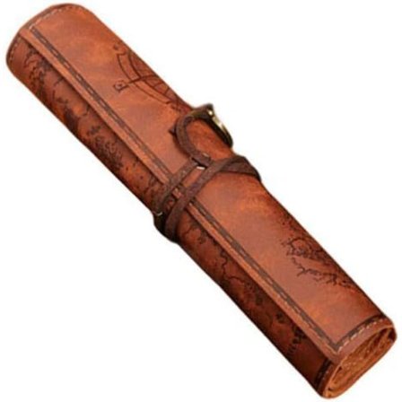 PU Læder Rulle Pen Etui Vintage Blyant med Kreativt Kort Brun-a