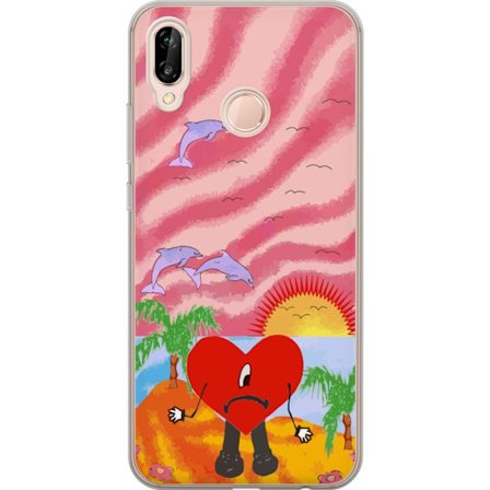 Kompatibelt Mobildeksel til Huawei P20 lite Bad Bunny i en fargerik quiltet jakke med hjertemønster og solbriller i moderne gatestil