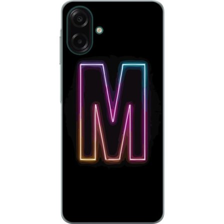 Kompatibelt Mobildeksel til Samsung Galaxy A07 4G Neonbokstav M med fargeskiftende lys effekt mot svart bakgrunn, moderne minimalistisk typografi med