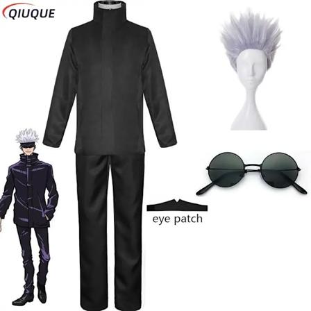 110-3Xl Musta / Sininen Gojo Satoru Cosplay-asu Silmälappu Peruukit Lasit Anime Halloween-juhlat Miehet Lapset Uniformit Black Package 6 Kids 110CM