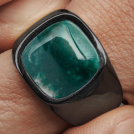 Len Moss Agate Gunmetal Gravel Ring for Men - Rings with stones