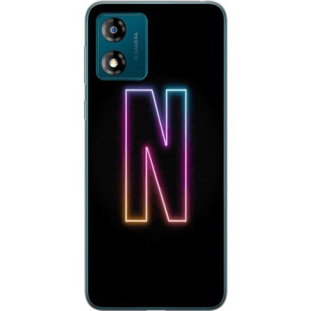Kompatibel Mobilcover til Motorola Motorola Moto E13 Minimalistisk neonbogstav N i farveskiftende lys mod sort baggrund