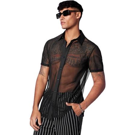 dusa herr genomskinlig mesh skjorta se genom kortärmad topp svart X-Large