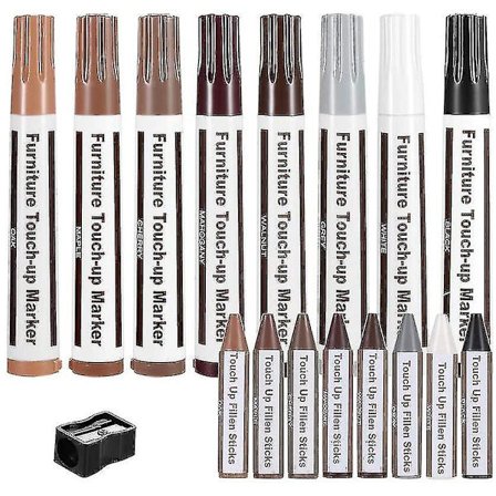 Møbelreparationssæt, træ touch up penne, laminat ridse reparation, voksstænger til træreparation, møbelmarkører touch up, sæt med 17-markører og 