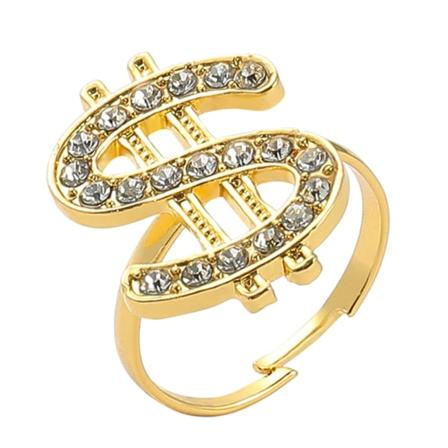 Krystal Dollartegn Ring Penge Symbol Ring Hip Hop Smykker Rapper Punk Kostume Rekvisitter Gylden Justerbar Åben Ring