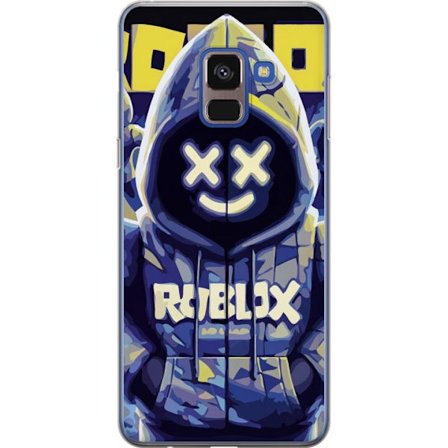 Kompatibelt Mobildeksel til Samsung Samsung Galaxy A8 (2018) Blågul Roblox hettegenserfigur med minimalistisk neonstil og masket ansikt, moderne spil