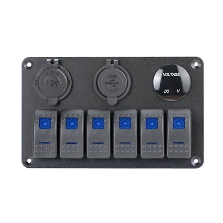 6-vägs marint vippströmbrytarpanel vattentät 12 volt, båtvippströmbrytarpanel 12V blå LED-belysning