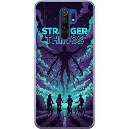 Yhteensopiva Puhelinkuori Xiaomi Xiaomi Redmi 9 Stranger Things -inspiroitunut fantasiaillustraatio, jossa on tumma hirviö, pyöräilevät lapset ja