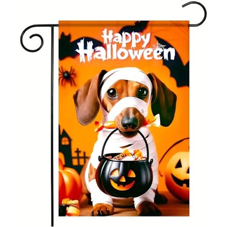 Halloween Hunde Haveflag 30x45 cm - Dobbeltsidet Glad Halloween Græskardesign til Udendørs Terrasse Veranda Plæneindretning
