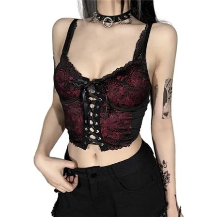 sv Bandage Tank Tops Gothic Grunge Vintage Streetwear Ärmlös Sexig Mesh Ruch Ruffle T-shirts Röd Stor