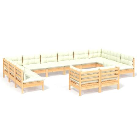 Vidaxl Loungegrupp Med Gräddvita Dynor 12 Delar Massiv Furu Creme