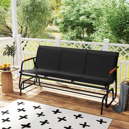 163 cm COSTWAY 3 Hengen Ulkokäyttöinen Keinutuoli, Teakpuu Käsinojat, Kangassijoitus, Metallirunko, Kuormitus 450 KG