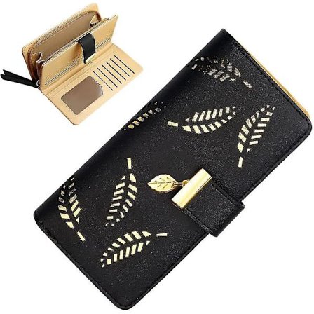 Dam plånbok koppling väska bladhänge mynt dragkedja lång plånbok svart