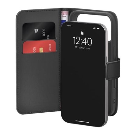 Puro Wallet Stand Case for iPhone 17 Pro, ekologista nahkaa, läppä, lompakko ja jalusta - musta