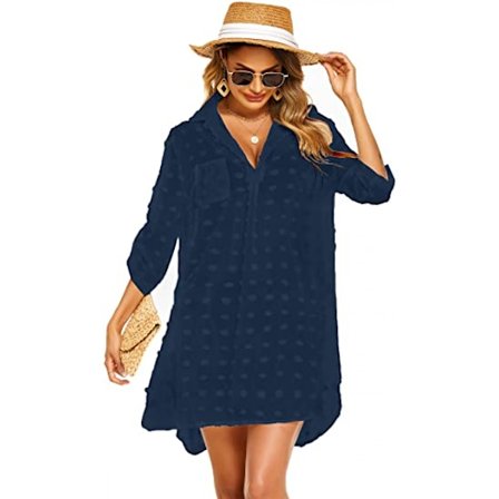 Kvinde badedragt strand cover ups skjorte bikini badetøj badetøj strand coverups kjole, B-navy blå, M